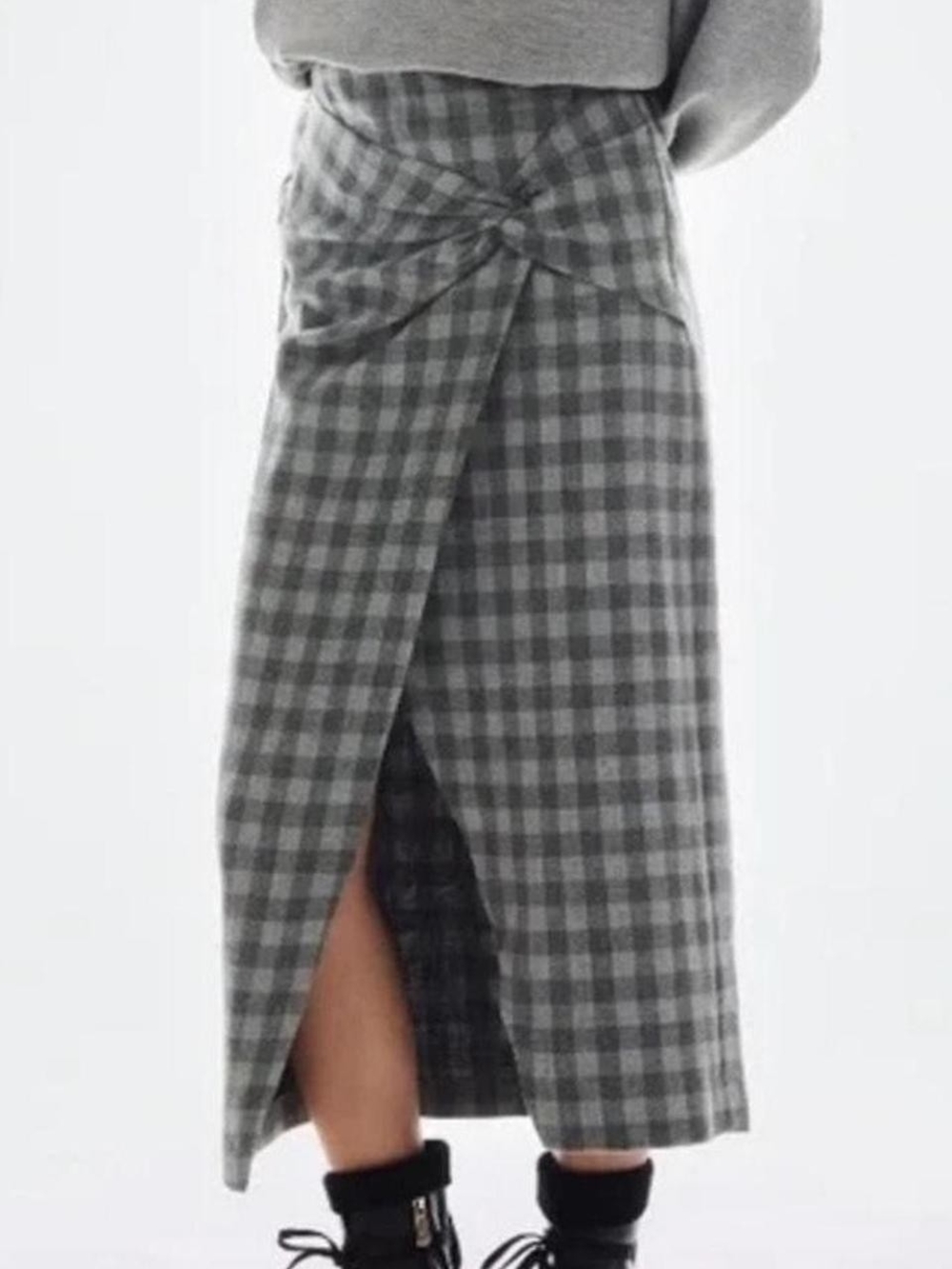 Zara Gray Plaid High-Low Wrap Midi Skirt
